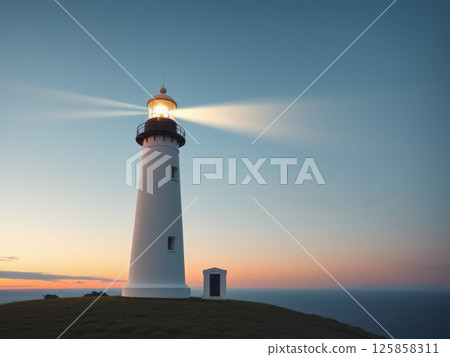 Lighthouse Beam at Tranquil Dusk or Dawn 125858311