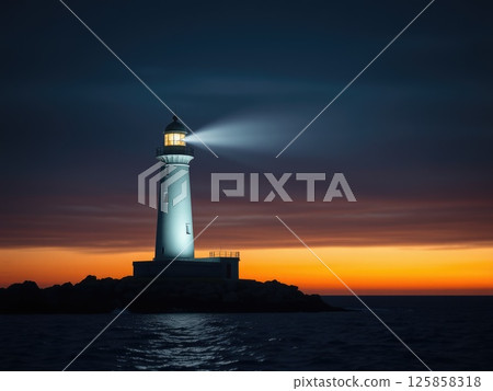Powerful Lighthouse Beam at Golden Sunset or Sunrise Powerful Lighthouse Beam at Golden Sunset or Sunrise 125858318