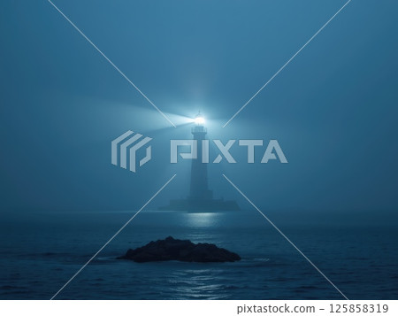 Mysterious Lighthouse in Dense Fog at Night 125858319