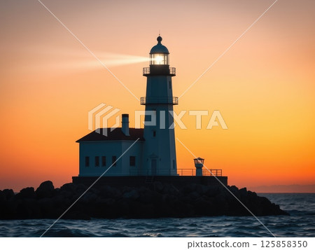 Powerful Lighthouse Beam at Golden Sunset or Sunrise Powerful Lighthouse Beam at Golden Sunset or Sunrise 125858350