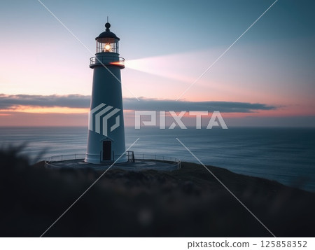 Lighthouse Beam at Tranquil Dusk or Dawn 125858352