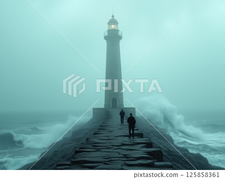 Eerie Lighthouse in Greenish Fog with Silhouetted Figures Eerie Lighthouse in Greenish Fog with Silhouetted Figures 125858361