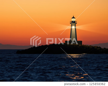 Powerful Lighthouse Beam at Golden Sunset or Sunrise 125858362