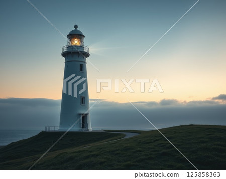 Lighthouse Beam at Tranquil Dusk or Dawn 125858363