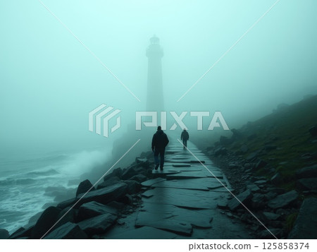 Eerie Lighthouse in Greenish Fog with Silhouetted Figures 125858374