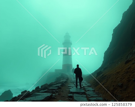 Eerie Lighthouse in Greenish Fog with Silhouetted Figures 125858379