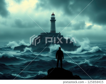 Dramatic Coastal Storm with Lighthouse and Figure 125858415