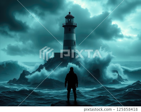Dramatic Coastal Storm with Lighthouse and Figure 125858418