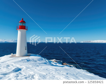 Snowy Coastal Lighthouse on a Winter Day 125858421