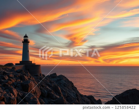 Dramatic Twilight Lighthouse on Rocky Cliff 125858422
