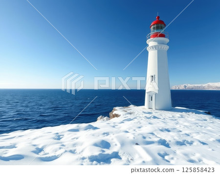 Snowy Coastal Lighthouse on a Winter Day 125858423