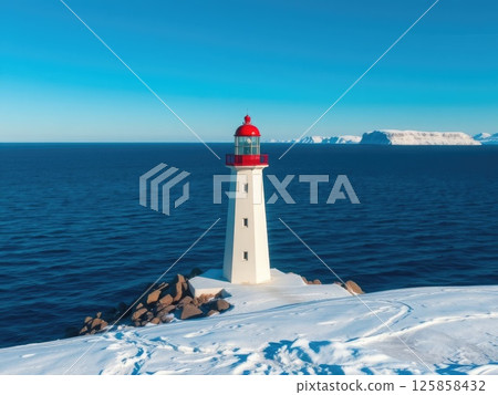 Snowy Coastal Lighthouse on a Winter Day 125858432