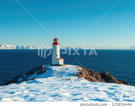Snowy Coastal Lighthouse on a Winter Day 125858444