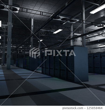 High tech server infrastructure powering artificial intelligence workflows, algorithm training and data inference tasks. Supercomputers supporting neural networks and analytics workloads, 3D render 125858464