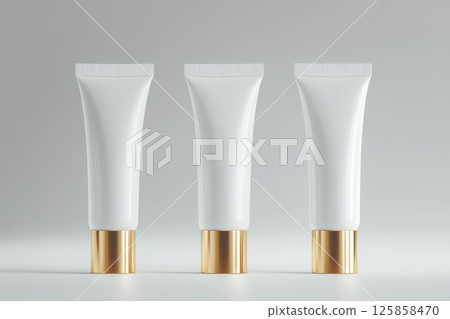 Three beauty package cosmetic tubes of white, cream, gold color mockup template Three beauty package cosmetic tubes of white, cream, gold color mockup template 125858470