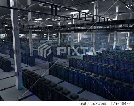 Dimly lit data center facility supercomputers operating predictive analytics platforms and big data systems. Server farm mainframes storing sensitive data for analysis, 3D rendering 125858484