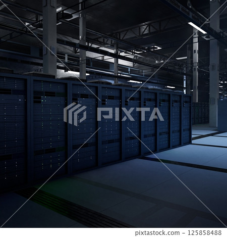 Modern server facility operating advanced AI tasks, doing model inference for real time data analysis. Central systems storing and processing large training datasets, 3D rendering 125858488