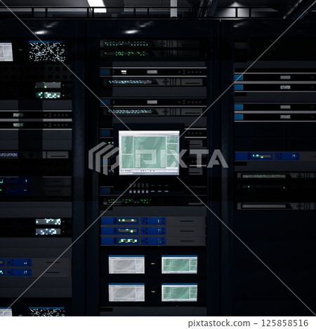 Central system controlling devices used for high speed data transfers. Server room computer overseeing gear delivering processing capacity for AI powered automation and database hosting, 3D rendering. 125858516