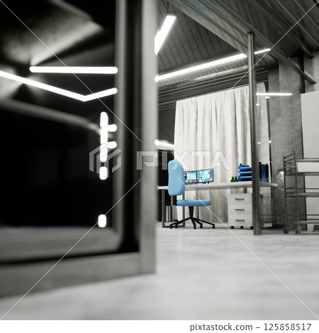 Smart medical lab workstation in background with digital apps on computer screen and research equipment. Modern clinical lab interior with metal cabinet and bright lights in sterile setting, 3D render 125858517