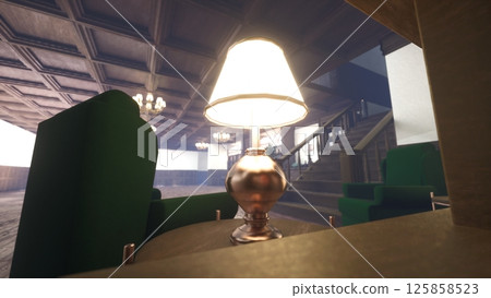 Close up shot of illuminated lamp next to green armchairs and classic wooden bookshelves, adding rustic and cozy vibes to traditional home library reading room, 3D rendering 125858523