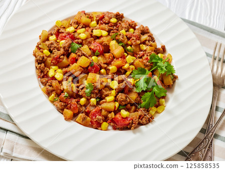 ground beef stew of potatoes and chopped tomatoes ground beef stew of potatoes and chopped tomatoes 125858535