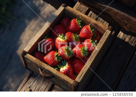 The strawberries in a rustic wooden box 125858550
