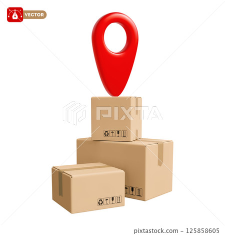 Cardboard Delivery Boxes Stack And Location Pin Cardboard Delivery Boxes Stack And Location Pin 125858605