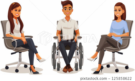 young woman sits in a wheelchair wearing headphones and listening to music. young woman sits in a wheelchair wearing headphones and listening to music. 125858622