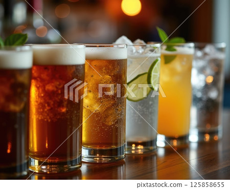 glass of cold fresh beer and non alcohol drinks on bar counter. zebra striping concept glass of cold fresh beer and non alcohol drinks on bar counter. zebra striping concept 125858655