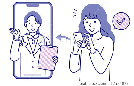A simple vector illustration of a young woman receiving online medical treatment via smartphone 125858731