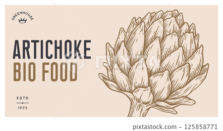 Artichoke, vegetable. Tag, label, sign, vintage retro print, black white artichoke drawing, sketch ink pencil draw, engrave old school style. Sketch artwork silhouette artichoke. Illustration Artichoke, vegetable. Tag, label, sign, vintage retro print, black white artichoke drawing, sketch ink pencil draw, engrave old school style. Sketch artwork silhouette artichoke. Illustration 125858771