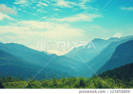Mountain landscape on a sunny day. View from Grossglockner High Alpine Road. Austria, Europe 125858809