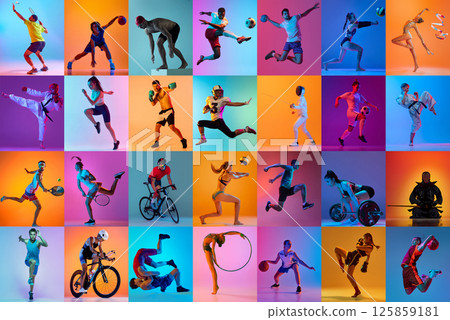 Collage with different athletes, men and women performing sports in motion over multicolor neon backgrounds. 125859181