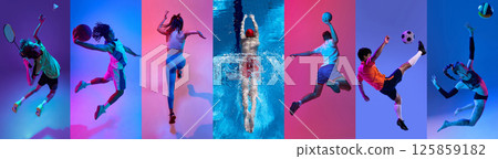 Badminton, basketball, running, swimming, handball, football and volleyball. Set of images of athletes in motion isolated on multicolor background in neon light. 125859182