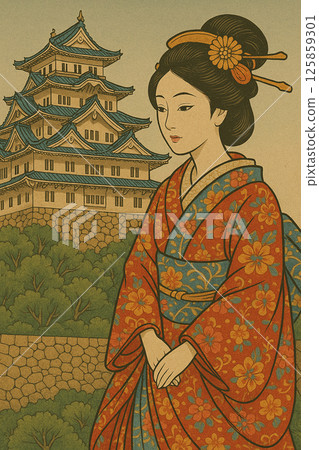 The melody of a gorgeous princess and an old castle — Ukiyo-e style woodblock print 125859301