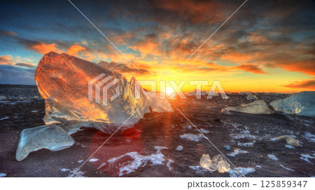 Beautiful sunset over famous Diamond beach, Iceland Beautiful sunset over famous Diamond beach, Iceland 125859347