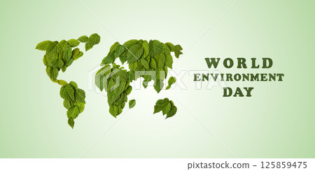 Mockup of world map is made of green leaf on green background. Ecology concept. Beat plastic pollution. World Environment day concept. Happy Environment day, 05 June. 125859475