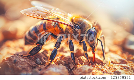 closeup of honeycomb with bee making honey process 125859531