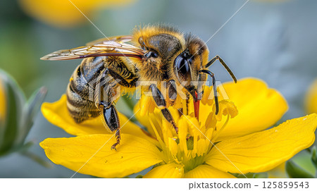 closeup of honeycomb with bee making honey process closeup of honeycomb with bee making honey process 125859543