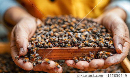 closeup of honeycomb with bee making honey process closeup of honeycomb with bee making honey process 125859549