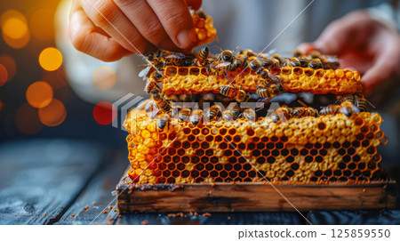 closeup of honeycomb with bee making honey process closeup of honeycomb with bee making honey process 125859550