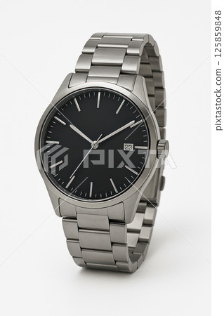 Silver Stainless Steel Wristwatch with Black Dial and white background Silver Stainless Steel Wristwatch with Black Dial and white background 125859848