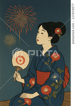 Beautiful Woman in a Yukata and Summer Fireworks — Ukiyo-e Style Woodblock Print 125859877
