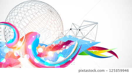 Abstract artwork with colorful waves, polygonal shapes and wireframe shphere. Abstract artwork with colorful waves, polygonal shapes and wireframe shphere. 125859946