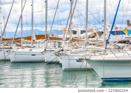 Astonishing spring cityscape with marina and Yachts and boats in town Cagliari 125860104
