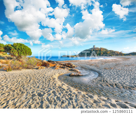 View of beautiful Chia bay and wonderful beach with Torre di Chia tower. View of beautiful Chia bay and wonderful beach with Torre di Chia tower. 125860111