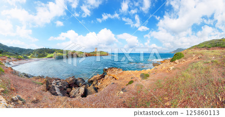 Attractive morning view  of Piscinni bay with turquoise sea and famous coastal tower of Piscinni. 125860113