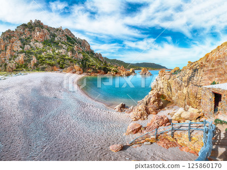 Gorgeous view of Li Cossi beach on Costa Paradiso resort. 125860170