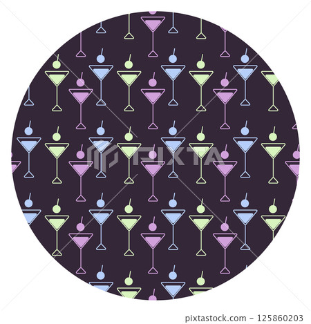 Triangular Martini glasses and cherry berry Circular background Trendy neon shades on dark Backdrop 125860203
