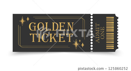 Minimalist golden ticket design. Suitable for festival, cinema, theater, concert, casino, circus, event tickets. Vector illustration 125860252